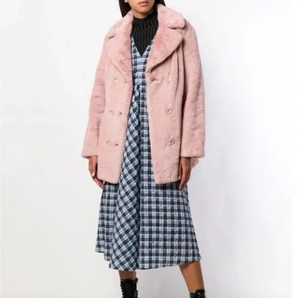 STAND STUDIO Fausta Jacket Faux Fur Colorblock Double Breasted Waist Tie M - Picture 2 of 16